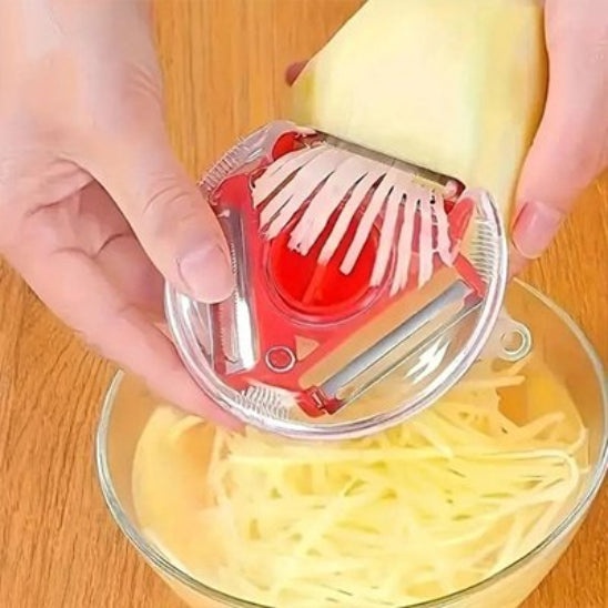 Éplucheur troispositions, avec une poignée ergonomique transparente